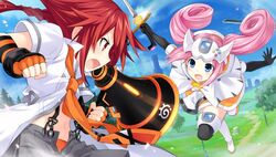  2girls battle boots bow choujigen_taisen_neptune_vs_sega_hard_girls duel elbow_gloves game_cg game_console gloves hair_ornament long_hair megaphone multiple_girls neptune_(series) official_art pink_hair red_hair sega_dreamcast sega_dreamcast_(sega_hard_girls) sega_hard_girls sword tennouboshi_uzume tsunako twintails weapon 