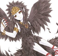  armlet bad_id bad_pixiv_id black_hair black_wings colored_sclera dodomeiro duel_monster fabled_grimro feathers female green_eyes jewelry multicolored_eyes necklace photoshop_(medium) pointy_ears red_sclera ring simple_background solo white_background wings yu-gi-oh! 