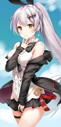  bad_id bad_twitter_id bare_shoulders belt between_breasts between_legs black_bow black_jacket black_ribbon black_skirt blue_sky blush bow breasts closed_mouth cloud commentary_request cowboy_shot crescent crescent_earrings day earrings female five-seven_(girls&#039;_frontline) girls&#039;_frontline hair_between_eyes hair_ornament hair_ribbon hand_between_legs hand_on_own_chin high_ponytail huaji jacket jewelry korean_commentary large_breasts long_hair long_sleeves looking_at_viewer marmoset_(marmoset0) off_shoulder open_clothes open_jacket pleated_skirt ponytail ribbon shirt skirt sky sleeveless sleeveless_shirt smile solo thigh_strap very_long_hair white_shirt wind yellow_eyes 