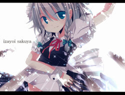  bad_id bad_pixiv_id blue_eyes braid character_name female grey_hair izayoi_sakuya knife letterboxed maid maid_headdress shimotsuki_eri short_hair solo touhou twin_braids 