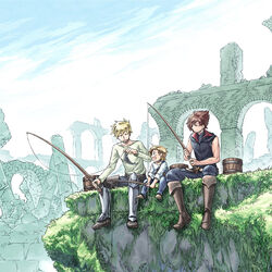  3boys alfonso_san_valiante armor armored_boots belt blonde_hair boots bucket commentary_request day fish fishing fishing_rod garo:honoo_no_kokuin garo_(series) leon_luis lolicon male_focus moss multiple_boys outdoors overalls overgrown red_eyes red_hair roberto_luis rubble ruins scenery shirt shoes short_hair sitting sky sleeveless sleeveless_shirt smile spiked_hair watari_taichi 