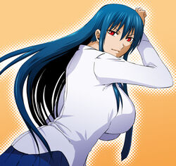  blue_hair breasts commentary_request diamond_cut_diamond female from_side huge_breasts long_hair looking_back necktie official_art red_eyes shigyou_yuuyami solo taguchi_kenji_(omaep) 