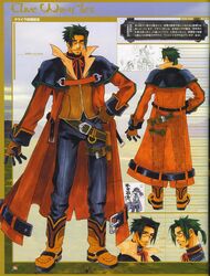  1boy ahoge belt blue_eyes boots bow character_name choker clive_winslett cloak coat cowboy_boots facial_hair from_behind full_body glasses goatee_stubble green_hair knee_boots legs_apart male_focus mustache_stubble official_art ooba_wakako pants parted_bangs ponytail ribbon scan smile sparse_stubble stubble wild_arms wild_arms_3 