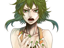  female green_eyes green_hair green_nails gumi hands kana_(mr_hahn) nail_polish open_mouth portrait short_hair short_hair_with_long_locks sidelocks simple_background solo vocaloid 