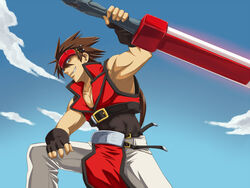  1boy belt commentary_request fireseal guilty_gear headband left-handed male_focus s-no sol_badguy solo sword weapon 