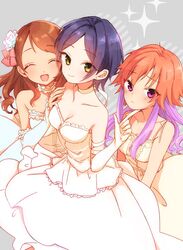  3girls :&lt; black_hair breasts brown_hair choker cleavage closed_eyes commentary_request dress earrings flower gloves grey_background hair_flower hair_ornament hair_ribbon hayami_kanade hojo_karen idolmaster idolmaster_cinderella_girls jewelry long_hair looking_at_viewer medium_breasts multicolored_hair multiple_girls ninomiya_asuka noroko0614 open_mouth orange_hair parted_bangs purple_eyes ribbon short_hair simple_background smile two-tone_hair wavy_hair white_dress white_gloves yellow_eyes 