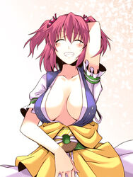  breasts cleavage commentary_request female grin hair_bobbles hair_ornament highres large_breasts onozuka_komachi ooike_teru photoshop_(medium) red_hair short_hair smile solo touhou two_side_up upper_body 