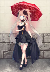  asymmetrical_gloves bad_id bad_pixiv_id black_dress black_flower black_footwear black_gloves blue_eyes breasts choker cleavage dress fate/grand_order fate_(series) female flower gloves grey_hair hair_flower hair_ornament highres holding holding_umbrella jewelry kaina_(tsubasakuronikuru) long_hair looking_at_viewer marie_antoinette_(fate) marie_antoinette_(formal_dress)_(fate) mary_janes medium_breasts necklace official_alternate_costume photoshop_(medium) red_umbrella shoes short_dress skirt_hold smile solo standing strapless strapless_dress twintails umbrella uneven_gloves very_long_hair 