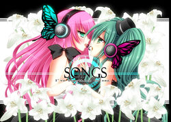  2girls bad_id bad_pixiv_id blush bug butterfly eye_contact face-to-face fingerless_gloves flower gloves green_eyes green_hair hat hatsune_miku headphones headset kirihara_natsuki lily_(flower) long_hair looking_at_another magnet_(vocaloid) megurine_luka mini_hat mini_top_hat multiple_girls open_mouth photoshop_(medium) pink_hair rokudou_itsuki top_hat vocaloid yuri 