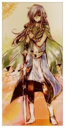  androgynous boots cape coat commentary_request faris_scherwiz female final_fantasy final_fantasy_5 headband pose purple_hair reverse_trap solo sorakara standing sword weapon 