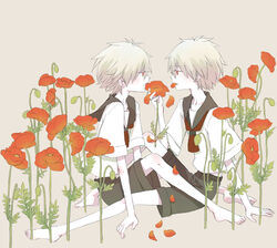  2boys barefoot bud clone commentary_request eating eye_contact feet flower from_side full_body grey_hair hands holding holding_flower leaf looking_at_another male_focus mouth_hold multiple_boys nagisa_kaworu neon_genesis_evangelion petal_in_mouth petals photoshop_(medium) poppy_(flower) profile red_eyes red_flower shorts simple_background sitting yoshimiko 