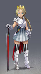  armor armored_dress blonde_hair blue_eyes braid commentary_request crown elrowa female full_body gauntlets hand_on_hilt highres long_hair looking_at_viewer original single_braid smile solo standing sword weapon 