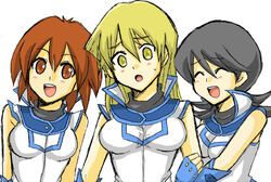  3girls black_hair blonde_hair blush breasts brown_eyes brown_hair closed_eyes female hamaguchi_momoe large_breasts long_hair lowres makita_junko makurada_junko multiple_girls open_mouth short_hair simple_background smile tenjouin_asuka yellow_eyes yu-gi-oh! yuu-gi-ou_gx 