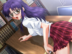  bent_over blue_hair blush book bookshelf female game_cg glasses long_hair may-be_soft mizuno_makoto plaid plaid_skirt school_uniform shirt sixty_nine_(eroge) skirt source_request table 