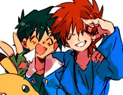  2boys arm_around_shoulder black_hair brown_hair chokota closed_eyes commentary_request facial_mark fingerless_gloves gary_oak gloves green_gloves jacket long_sleeves male_focus multiple_boys open_clothes open_jacket photobomb pikachu pokemon pokemon_(anime) pokemon_(classic_anime) pokemon_(creature) salute satoshi_(pokemon) shirt t-shirt upper_body v wing_collar 