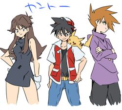  2boys black_dress black_hair blue_eyes blue_oak brown_hair chokota commentary_request crossed_arms dress female gloves green_(pokemon) green_eyes hand_on_own_hip lineup multiple_boys on_shoulder pikachu pokemon pokemon_(creature) pokemon_adventures pokemon_on_shoulder red_(pokemon) red_eyes translated white_gloves 