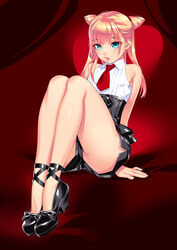  1boy aqua_eyes arm_support arms_behind_back bare_arms bare_shoulders black_bow black_corset black_shorts blonde_hair blunt_bangs blush bow collared_shirt commentary_request corset covered_nipples eyes_visible_through_hair footwear_bow full_body high_heels highres knees_up legs_together lips lipstick long_hair looking_at_viewer makeup male_focus master_maichin necktie no_panties original otoko_no_ko parted_lips pumps red_necktie shirt short_necktie short_shorts shorts side_slit side_slit_shorts sleeveless sleeveless_shirt solo testicle_peek thick_lips thick_thighs thighs upshorts white_shirt 