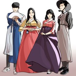  2boys 2girls gat_(korean_traditional_hat) hanbok korean_clothes korean_text korean_traditional_hat lee_jin-sung long_hair looking_at_viewer lookism multiple_boys multiple_girls park_hyung-suk park_na-heul park_tae_joon short_hair traditional_clothes 