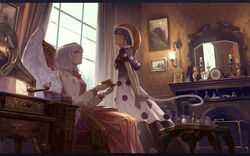  2girls albino analog_clock armchair arms_behind_back bell blue_eyes blue_hair blush book book_stack bottle bow bowtie candle candlestand chair clock commentary_request cookie_jar curtains doremy_sweet drawer dress feathered_wings fire_screen fireplace from_below from_side hat holding holding_book indoors jacket kishin_sagume lamp letterboxed light_frown long_dress long_sleeves looking_at_viewer looking_to_the_side mantle_clock metronome mirror multiple_girls nightcap open_book open_clothes own_hands_together painting_(object) phonograph photo_(object) picture_frame pink_dress pom_pom_(clothes) red_bow red_bowtie red_eyes red_hat reflection sash shadow short_hair short_sleeves single_wing sitting smile standing statue table tail tapir_tail teapot touhou wall_lamp wallpaper_(object) white_hair white_wings window wings wooden_table yamamomo_(plank) 