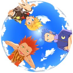  3boys bad_id bad_pixiv_id black_jacket blonde_hair blue_eyes blue_hair blue_sky closed_mouth cloud crescent crossed_arms day finger_in_own_mouth green_eyes high_collar highres isa_(kingdom_hearts) jacket kingdom_hearts kingdom_hearts_birth_by_sleep lea_(kingdom_hearts) lens_flare looking_at_viewer male_focus mouth_pull multiple_boys okitsune_(okitsune-sama) outside_border reaching reaching_towards_viewer red_hair round_image scarf short_sleeves sky smile sun v-shaped_eyebrows ventus_(kingdom_hearts) white_jacket 