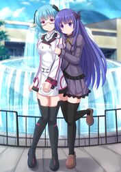  2girls black_legwear blue_hair blue_sky boots bow building commentary_request crossover day dress fence fountain full_body glasses hairbow head_on_another&#039;s_shoulder head_tilt highres holding_another&#039;s_arm infinite_stratos kazenokaze leg_up light_rays long_hair long_sleeves looking_at_viewer multiple_girls pink_eyes pleated_skirt purple_eyes purple_hair restia_ashdoll sarashiki_kanzashi school seirei_tsukai_no_blade_dance semi-rimless_eyewear skirt sky smile standing standing_on_one_leg sunlight thigh_boots thighhighs under-rim_eyewear uniform water white_dress zettai_ryouiki 