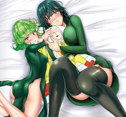  2girls ass bare_legs bed_sheet between_breasts black_dress black_hair blush body_pillow breasts curly_hair erect_nipples fubuki_(one-punch_man) green_eyes green_hair highres hug kawa large_breasts long_sleeves looking_at_viewer looking_back lying multiple_girls no_panties one-punch_man pillow saitama_(one-punch_man) short_hair sisters small_breasts tatsumaki thighhighs 