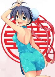  alternate_costume alternate_hairstyle antenna_hair black_hair blue_eyes chinese_clothes commentary_request double_bun double_happiness female ganaha_hibiki hair_bun idolmaster idolmaster_(classic) looking_at_viewer minase_nagi oerba_yun_fang open_mouth ribbon solo 