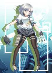  blue_eyes breasts commentary_request da-mii female gloves grey_hair hair_ornament hairclip hamakaze_(kancolle) kantai_collection large_breasts pantyhose partial_commentary photoshop_(medium) school_uniform serafuku short_hair short_sleeves smile solo zoom_layer 