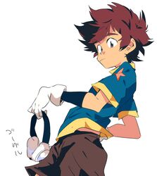  1boy brown_hair brown_shorts chokota cowboy_shot digimon digimon_adventure dutch_angle gloves goggles hand_on_own_hip looking_at_viewer male_focus protected_link shirt shorts simple_background solo spiked_hair t-shirt unworn_goggles white_background white_gloves yagami_taichi 