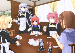  6+girls agito_(nanoha) alternate_costume apron blonde_hair blue_eyes bow braid breasts brown_hair cake cleavage commentary_request cup earrings enmaided food grey_hair jewelry long_hair lyrical_nanoha mahou_shoujo_lyrical_nanoha mahou_shoujo_lyrical_nanoha_a&#039;s maid maid_headdress medium_breasts mini_person minigirl multiple_girls pink_hair ponytail purple_eyes red_eyes red_hair reinforce reinforce_zwei shamal short_hair signum smile sooichi_(diabolicemission) spoon teacup time_paradox twin_braids twintails two_side_up vita_(nanoha) yagami_hayate 