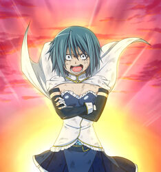  blue_eyes blue_hair breasts cape cleavage cloud commentary_request crossed_arms elbow_gloves female gloves gunbuster_pose highres looking_at_viewer magical_girl mahou_shoujo_madoka_magica mahou_shoujo_madoka_magica_(anime) medium_breasts miki_sayaka miki_sayaka_(magical_girl) open_mouth parody samuraichamp short_hair skirt sky solo strapless tengen_toppa_gurren_lagann top_wo_nerae! 