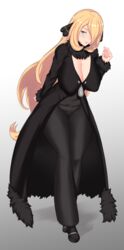  1girls alternate_eye_color aster_crowley blonde_hair blue_eyes breasts busty cleavage clothed coat cynthia_(pokemon) female female_only hair_over_one_eye half-closed_eyes huge_breasts human long_breasts long_hair nintendo pants pokemon pokemon_dppt sagging_breasts shoes thick_thighs wide_hips 