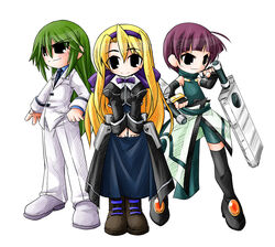  1boy 2girls ahoge black_dress black_eyes black_legwear blonde_hair blunt_bangs brooch carim_gracia dress gem green_hair jewelry long_hair long_sleeves looking_at_viewer lyrical_nanoha mahou_shoujo_lyrical_nanoha_strikers multiple_girls pants purple_hair schach_nouera short_hair shoulder_pads simple_background thighhighs uniform verossa_acous very_long_hair white_background windenschaft yuuka_(o.t.kingdom) zettai_ryouiki 