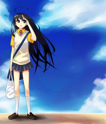  bad_id bad_pixiv_id bag black_eyes black_hair copyright_request day female lesskiss long_hair school_uniform sky solo sweater_vest vest 