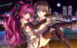  1boy absurdres blush boots brooklyn_bridge corticarte_apa_lagranges detached_sleeves female hair_ribbon highres kannatsuki_noboru long_hair megami_magazine necktie night non-web_source official_art photoshop_(medium) ponytail red_hair ribbon shinkyoku_soukai_polyphonica skirt smile tatara_phoron thighhighs world_trade_center zettai_ryouiki 