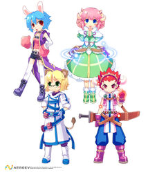  4girls animal_ears armcho blonde_hair blue_eyes blue_hair blush_stickers boots boxing_gloves buffalo_(trickster) bunny_(trickster) dress fingerless_gloves gloves green_eyes green_footwear horns lion_(trickster) multiple_girls open_mouth own_hands_together photoshop_(medium) pink_hair rabbit_ears red_eyes red_hair sheep_(trickster) simple_background sword tail thighhighs trickster_(ntreev_soft) weapon white_legwear 