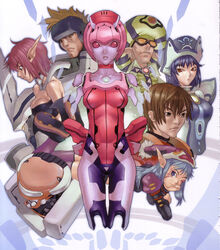  2boys 4girls absurdres android artbook ash_(phantasy_star_online) bernie_(phantasy_star_online) blue_eyes blue_hair breasts brown_eyes brown_hair caseal cleavage elenor_camuel elf everyone fomarl fonewearl fonewm hakua_ugetsu hat highres hucast humar hunewearl medium_breasts multiple_boys multiple_girls one_eye_closed phantasy_star phantasy_star_online photoshop_(medium) pink_hair pointy_ears purple_hair purple_thighhighs racaseal racast ramar red_eyes rupika scan sunglasses thighhighs 