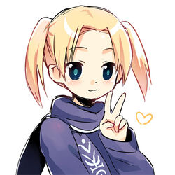  :3 blonde_hair blue_eyes blue_scarf closed_mouth female hamamo hand_up heart long_sleeves looking_at_viewer lowres original parted_bangs photoshop_(medium) raised_eyebrows scarf short_hair simple_background sleeves_past_wrists solo twintails upper_body v white_background 