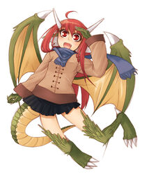  :d ahoge bad_id bad_pixiv_id blue_scarf copyright_request dragon_girl dragon_tail dragon_wings female full_body horns lesskiss long_hair monster_girl oerba_yun_fang open_mouth red_eyes red_hair scarf simple_background smile solo tail white_background wings 