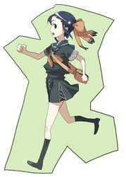  :o bag bare_arms blue_sailor_collar boots bow brown_bow brown_neckerchief character_cutout clenched_hands female flat_chest from_side full_body hairbow knee_boots looking_at_viewer miniskirt murasaki_hisato neckerchief profile ribbon running sailor_collar school_uniform serafuku short_hair short_sleeves shoulder_bag sideways_glance skirt skirt_set solo yukariki_ichihime zaregoto_series 