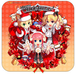  6+girls animal_ears armcho blonde_hair blue_eyes braid brown_eyes buffalo_(trickster) bunny_(trickster) cat_(trickster) cat_ears christmas dragon_(trickster) dress everyone fox_(trickster) green_eyes happy hat head_wings horns lion_(trickster) multiple_girls open_mouth outstretched_hand photoshop_(medium) pink_hair quad_tails raccoon_(trickster) santa_costume santa_hat sheep_(trickster) smile trickster_(ntreev_soft) wings 