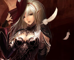  bad_id bad_pixiv_id breasts cleavage elf elf_(lineage_2) feathers female hairband hat large_breasts lineage lineage_2 photoshop_(medium) player_character_(lineage_2) pointy_ears solo tachikawa_mushimaro white_hair 