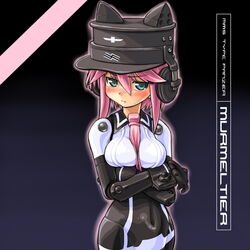  aqua_eyes bad_id bad_pixiv_id blush busou_shinki character_name crossed_arms dd_(ijigendd) doll_joints female green_eyes hat headphones joints looking_at_viewer murmeltier necktie pink_hair solo 