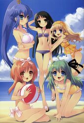  5girls :d absurdres ahoge akihime_sumomo all_fours arm_hug arm_up armpits ball bandeau beach beachball bikini black_hair blonde_hair blue_eyes blue_hair blush bow breast_hold breasts casual_one-piece_swimsuit cloud crossed_arms day feet flat_chest floral_print frilled_bikini frilled_one-piece_swimsuit frills green_eyes green_hair groin hair_between_eyes hair_ornament hair_ribbon hairband hairclip halterneck hand_on_head high_ponytail highres ito_noizi koiwai_flora large_breasts leaning_forward leg_lift legs long_hair long_legs looking_at_viewer looking_back lowleg lowleg_bikini midriff multiple_girls nanatsuiro_drops navel o-ring o-ring_bikini o-ring_top ocean official_art one-piece_swimsuit open_mouth outdoors outstretched_arms pink_hair ponytail profile red_eyes ribbon sandals satsuki_julirsia scan shadow side-tie_bikini_bottom sideboob sidelocks sitting skinny sky smile standing standing_on_one_leg swimsuit tankini thigh_gap toes very_long_hair water wavy_hair yaeno_nadeshiko yuuki_nona 