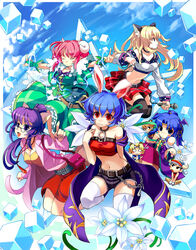  3boys 5girls animal_ears armcho bare_shoulders black_legwear blonde_hair blue_hair buffalo_(trickster) bunny_(trickster) cat_(trickster) cat_ears collar dragon_(trickster) dress everyone flower fox_(trickster) fox_ears glasses head_wings horns kneeling lion_(trickster) lion_ears long_hair microphone midriff multiple_boys multiple_girls photoshop_(medium) pink_hair purple_hair rabbit_ears raccoon_(trickster) raccoon_ears sheep_(trickster) sheep_ears short_hair skirt thighhighs trickster_(ntreev_soft) white_legwear wings 