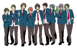  6+boys aarue asahina_mitsuru asakura_ryou book genderswap_(ftm) imageboard_desourced kita_high_school_uniform knife koizumi_itsuki kunikida_(suzumiya_haruhi) kyon male_focus multiple_boys nagato_yuuki necktie non-web_source rule_63 school_uniform suzumiya_haruhi_no_yuuutsu suzumiya_haruhiko taniguchi_(suzumiya_haruhi) tsuruya-senpai winter_uniform 