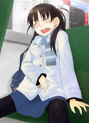  bad_id bad_pixiv_id blush brown_hair bus bus_interior closed_eyes copyright_request female lesskiss long_hair motor_vehicle pantyhose saliva scarf sitting sleeping sleeping_upright solo spread_legs 