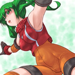  armpits blush bodysuit breasts dd_(ijigendd) female green_eyes green_hair large_breasts long_hair open_mouth orange_bodysuit outstretched_arms solo solty_rei solty_revant spandex spread_arms 