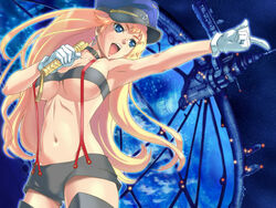  blonde_hair blue_eyes breasts commentary_request female gloves hat large_breasts long_hair macross macross_frontier nishiwaki peaked_cap sheryl_nome solo suspenders thighhighs underboob very_long_hair 