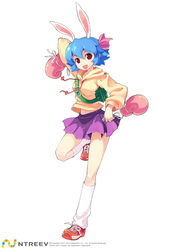  animal_ears armcho backpack bag blue_hair boxing_gloves bunny_(trickster) female full_body happy headband hood hoodie looking_at_viewer loose_socks navel open_mouth photoshop_(medium) pleated_skirt rabbit_ears red_eyes short_hair simple_background skirt socks solo standing standing_on_one_leg trickster_(ntreev_soft) white_background 